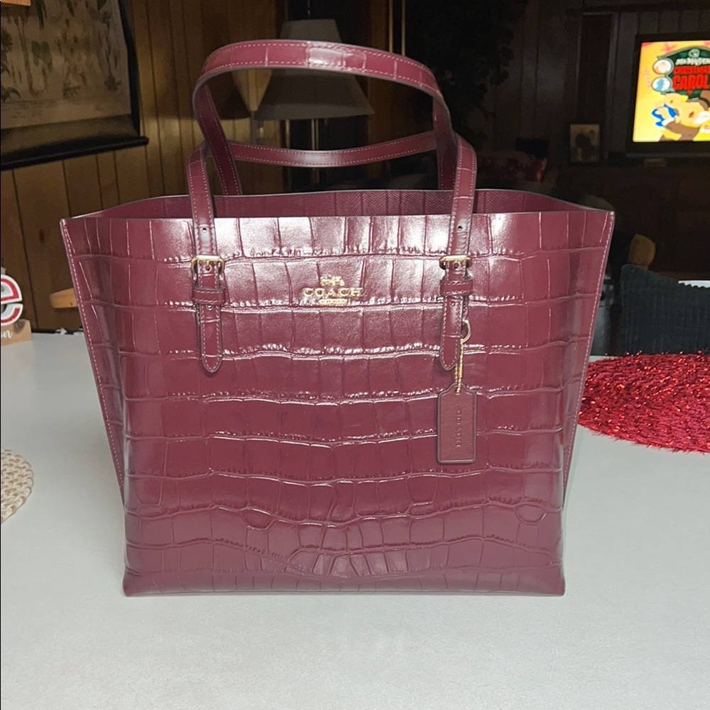 Coach Burgundy Croc Embossed Tote Bag